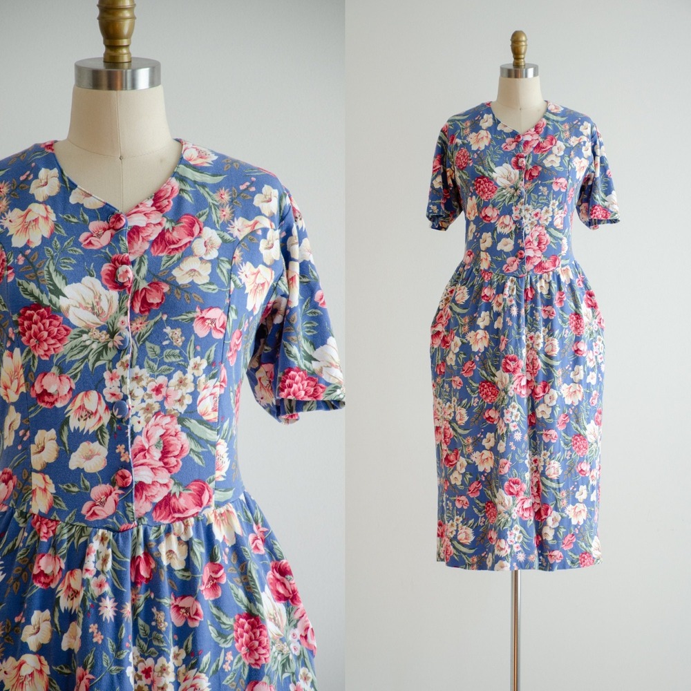 Talbots Eagles Eye Floral Dress Cottagecore 80s 90s M Blue Pink Cotton Midi